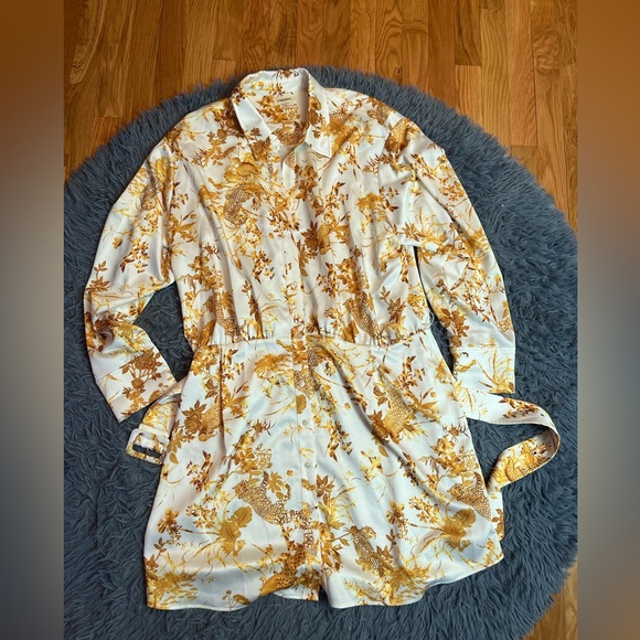 L'Agence Demie Cream Gold Satin Belted Shirt Mini Dress Maximalist Size 16 - Picture 2 of 7